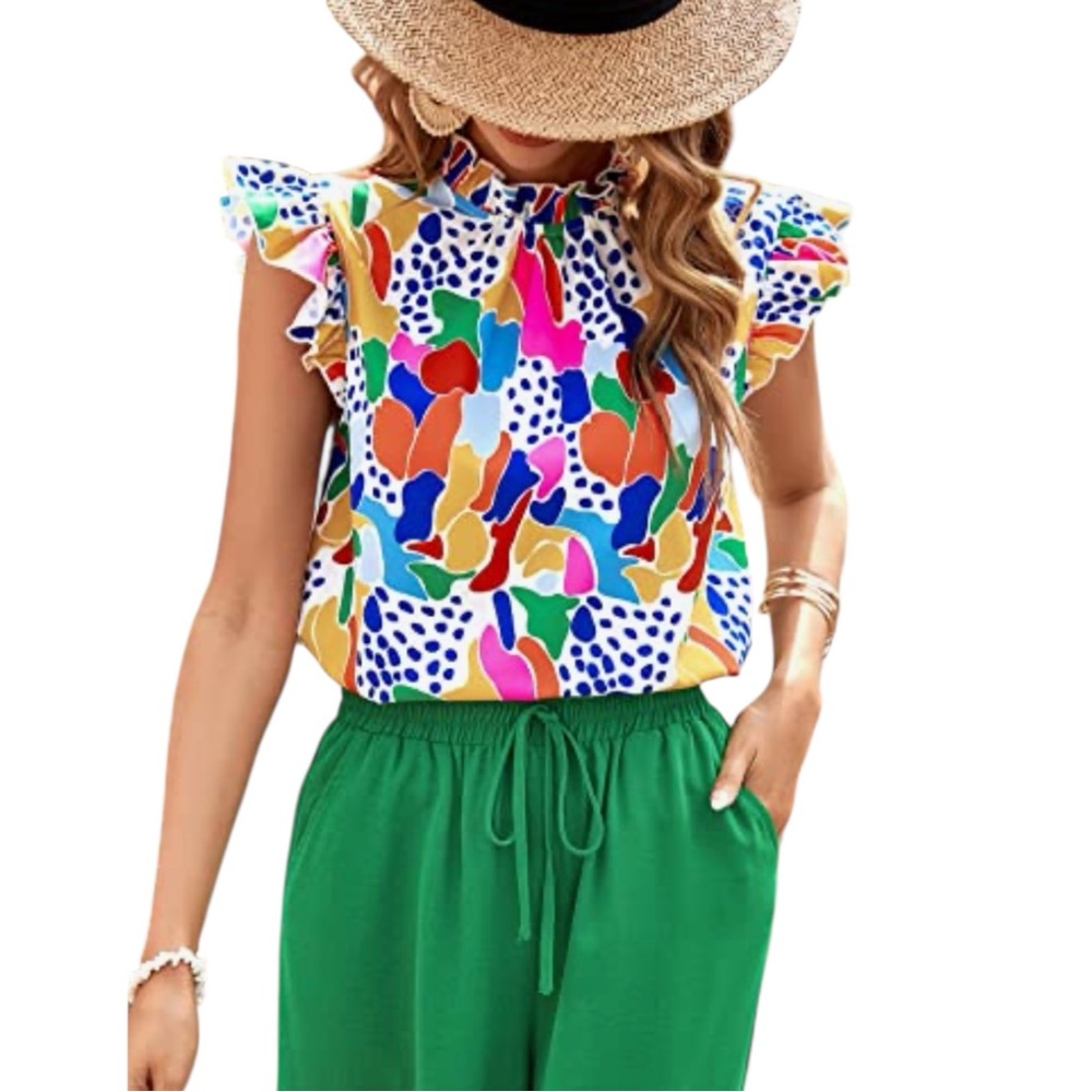 Emery Rose Women’s Large Boho Blouse Ruffle Sleeve Colorful Abstract Print